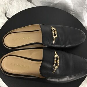 Coach Black Leather Slip-On Mules with Gold Horsebit